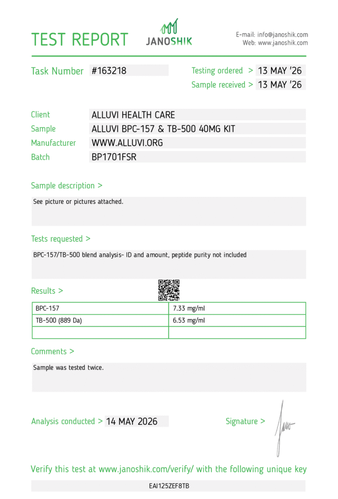 Janoshik certificate of analysis — Alluvi BPC-157 & TB-500